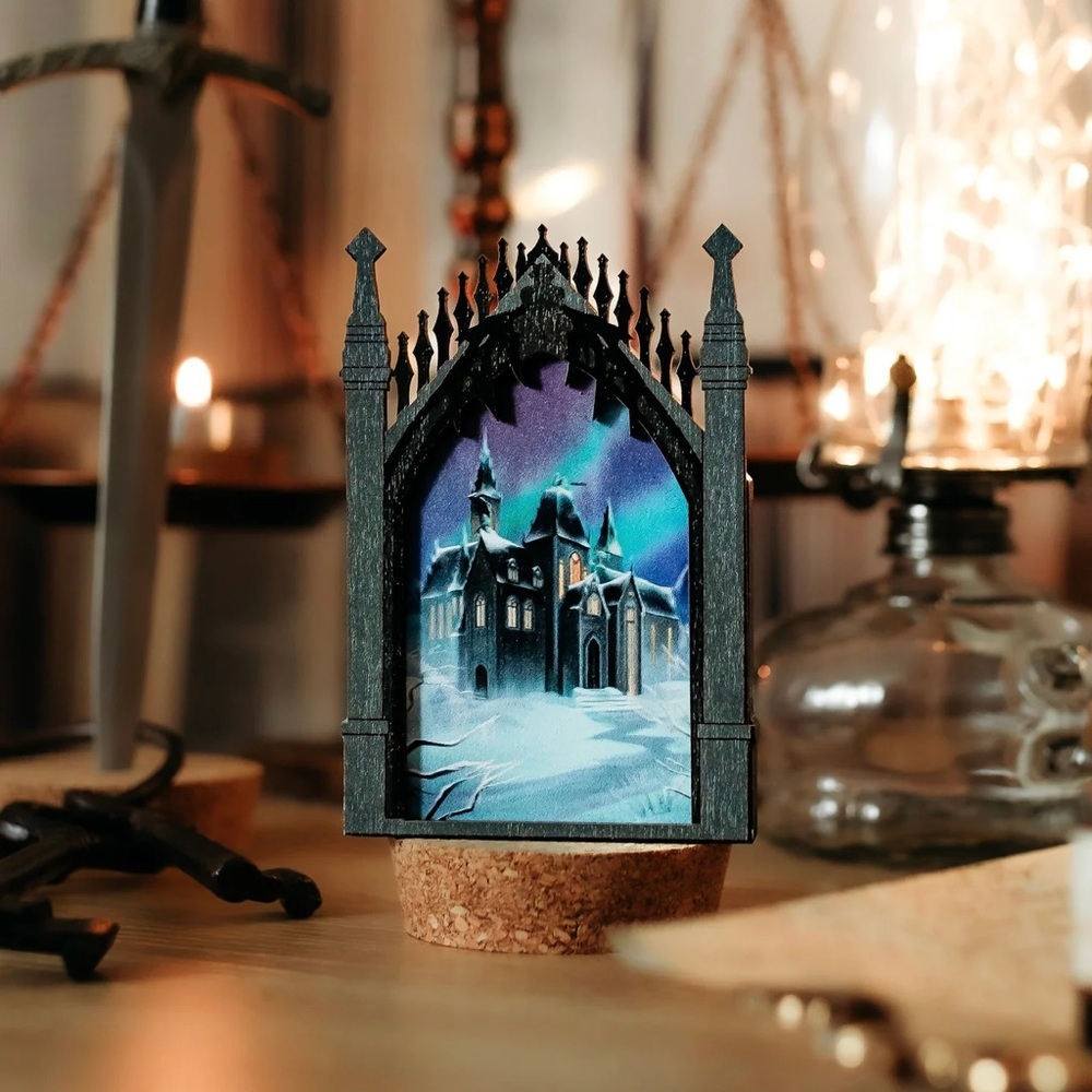 The Bookish Box Wanderlust Window Katmere Academy Black Blue Wood 3D Diorama Art